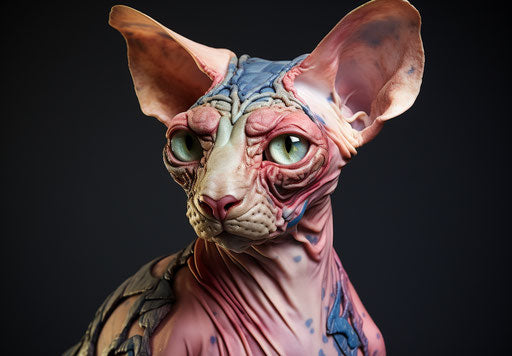 Hairless cat in burnt maroon and dark blue, sculpted, light green and beige, body art, ink-washed, light pink and dark brown