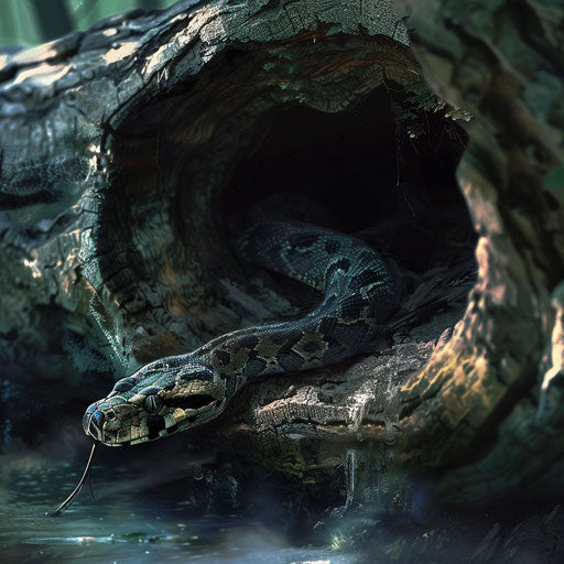 Python snake emerging from a hollow log