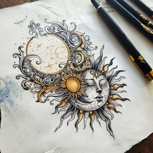 Elegant sketch of a sun and moon with ornate patterns, gold and silver accents