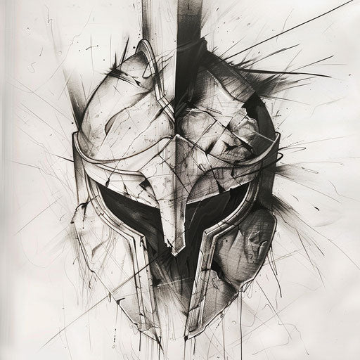 Mythological spartan helmet tattoo sketch with gods and creatures