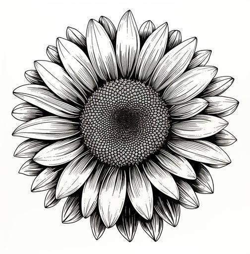 Illustration of a sunflower on white background, meticulous inking