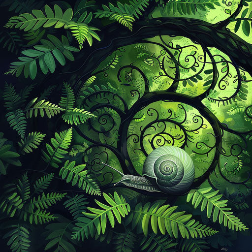 Snail under a canopy of ferns in the style of Aaron Blaise