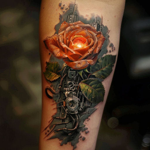 Rose tattoos for men in the style of J.P. Targete with a sci-fi rose motif
