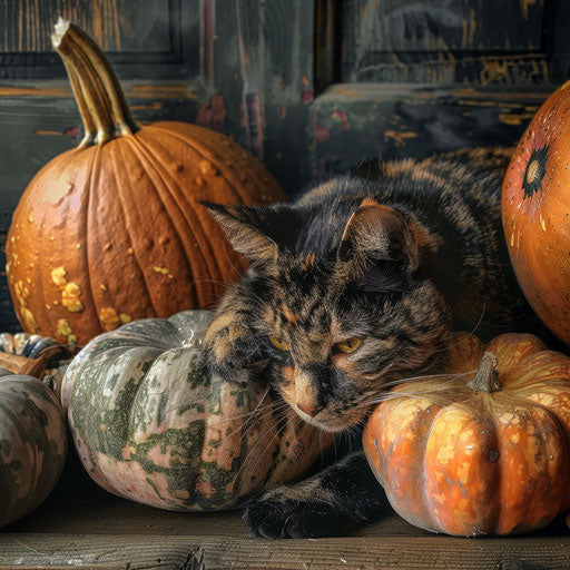 Tortoise cat resting with pumpkins