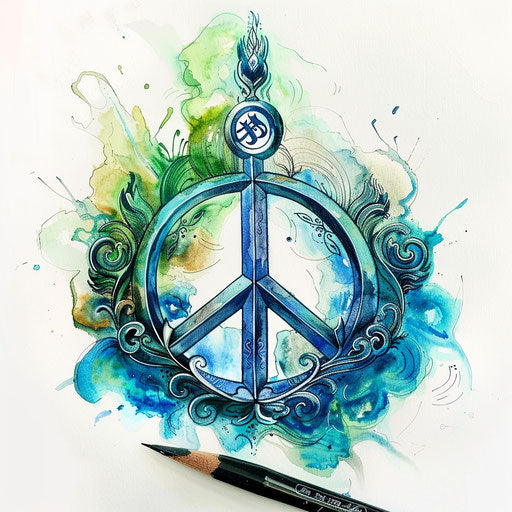 Zen-inspired peace tattoo sketch with a peace symbol and calming blue and green watercolor effects