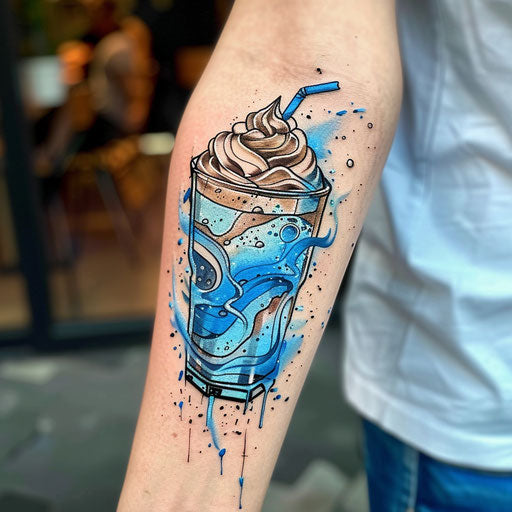 Flat tattoo sketch of an iced coffee glass, detailed with refreshing blue and white tones