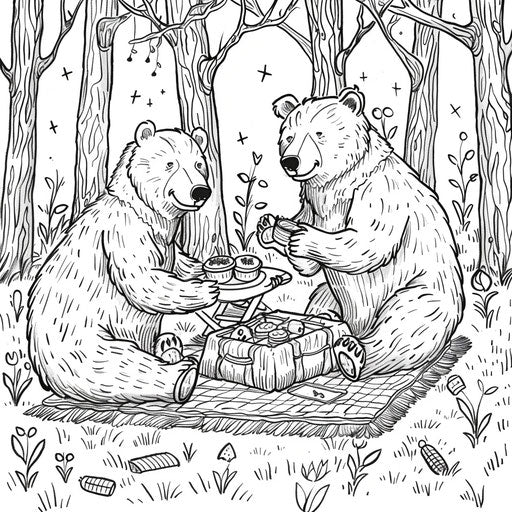A playful scene of a brown bear family having a picnic in the woods