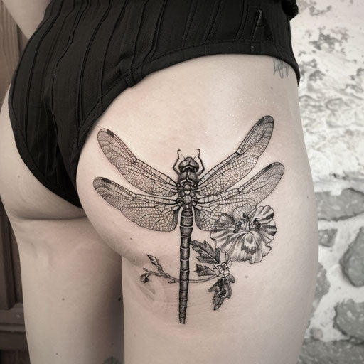 Hip dragonfly tattoo, in the style of Maria Sibylla Merian