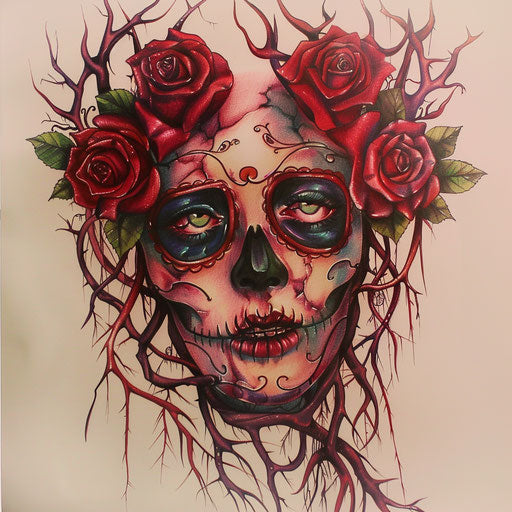 Sugar skull tattoo with intertwining roses and thorns