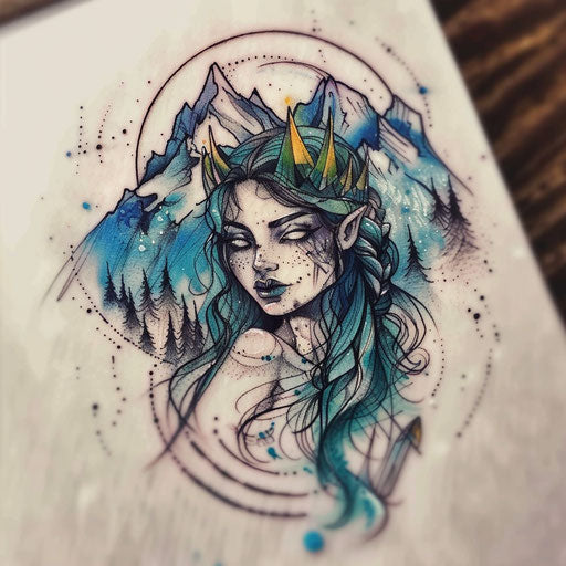 Artistic flat tattoo sketch of Artemis with watercolor mountains