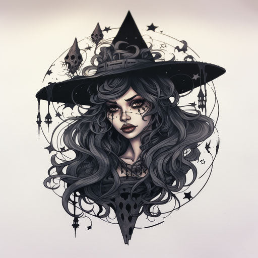 Witch tattoo ideas and designs in art, expressive line drawings