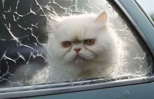 The white Persian cat in the shattered windows of a car