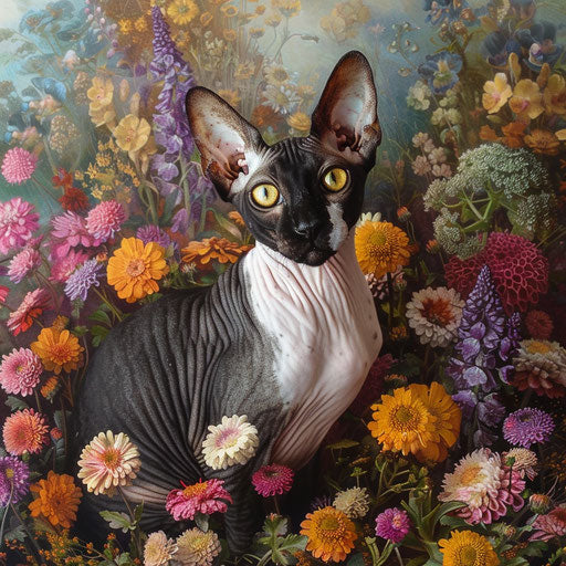 Cornish rex cat in a flower bed with beautiful flowers
