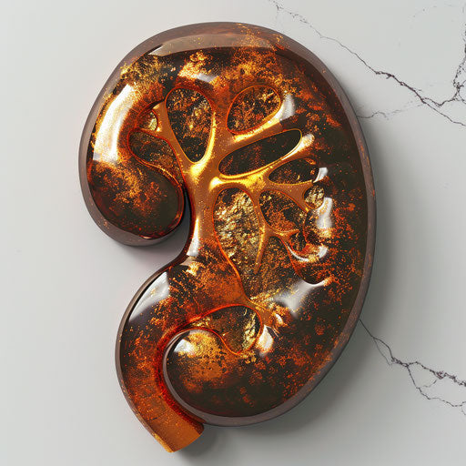 Kidney clipart in photo realistic style with a flat random background, metallic sheen and realistic textures