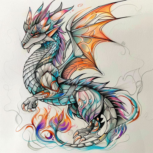 Fantasy tattoo sketch of a silver dragon
