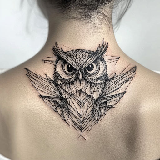 Owl neck tattoo with bold and fine lines