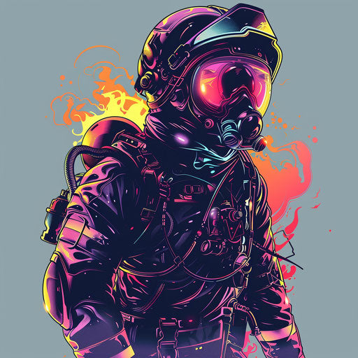 Futuristic flat tattoo of a firefighter with advanced gear