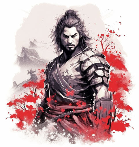 Hand-drawn vintage style portrait of a samurai