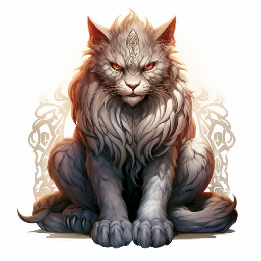 Gray cat sitting on his lap, airbrush art style, light brown and maroon, princesscore, white background, manticore, high definition, rtx on