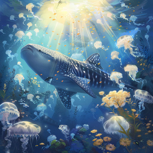 Whale swimming among jellyfish under sunlight