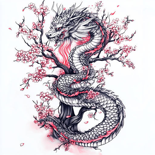 Flat tattoo sketch with Japanese dragon and cherry blossom tree