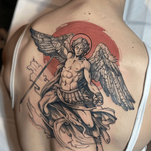 Illustrative tattoo of Saint Michael on white canvas