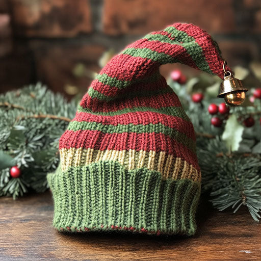 Whimsical elf hat with green and red stripes