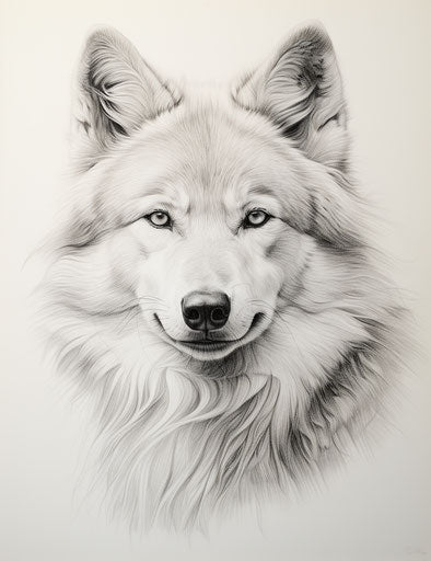 A white wolf coloring in pencil, caricatures style, light gray and silver