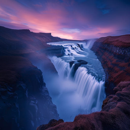 Gullfoss Falls, Iceland, at dusk with soft, ethereal lighting