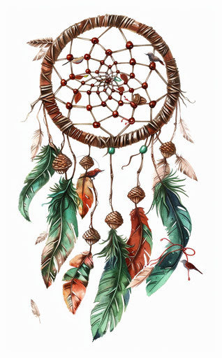 Dream catcher with feathers, wings and acorns, soft watercolors