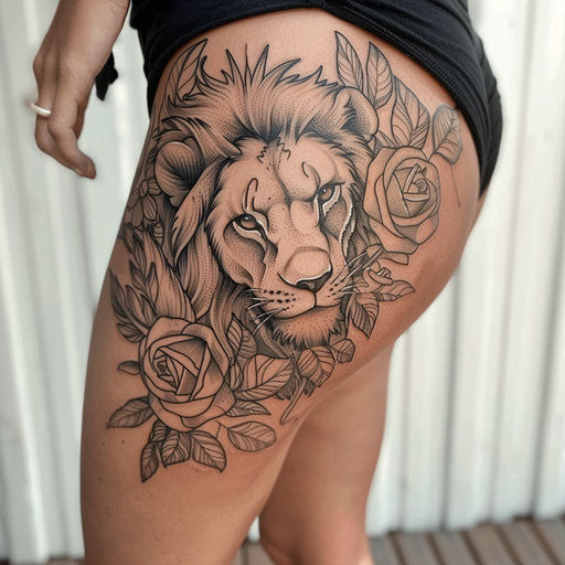 Lion and roses thigh tattoo in the style of Peter Jackson
