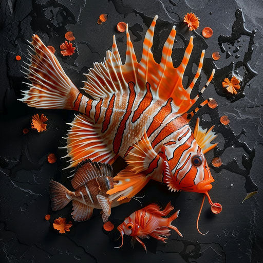 Lion fish with offspring, tender and warm, in the style of Ashraful Arefin