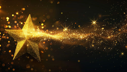 Golden star with flying sparkles, mythic symbolism