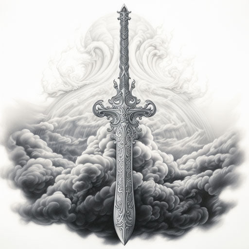 Sketch of the sword, tattoo style, dark white and light silver