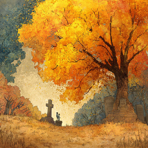 Festive Autumn Scene by a Graveyard