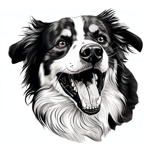 Black and white drawing of a joyful and optimistic dog