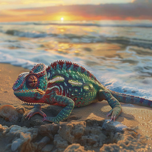 Chameleon on a sandy beach at dawn