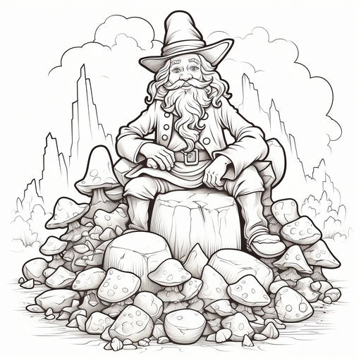 A leprechaun on a pile of rocks coloring page, American style, subtle