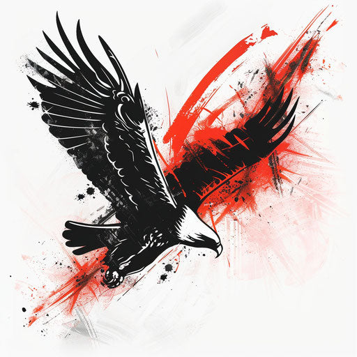 Silhouette of a soaring eagle, bold black outlines with a splash of red