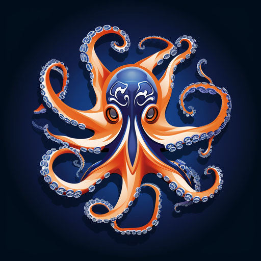 Majestic octopus logo with mechanical designs in navy and orange