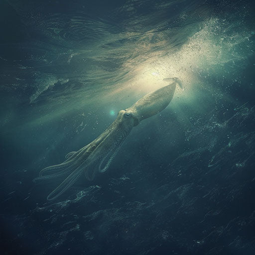 Giant squid in the depths of the ocean at dusk