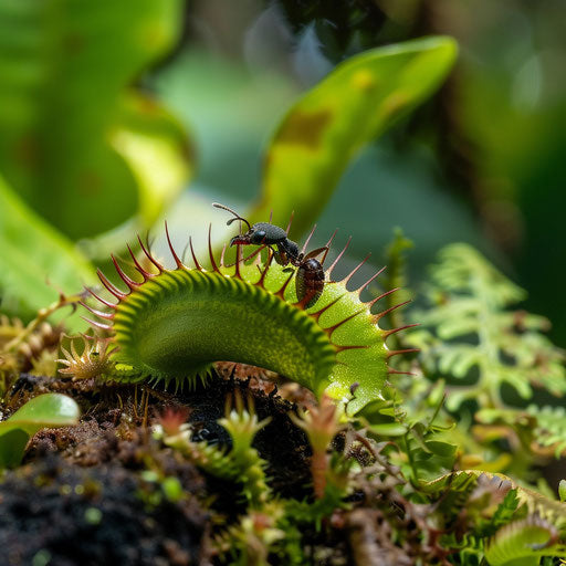 Vegetal trap with ant and lush foliage