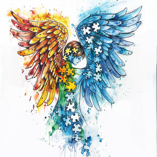 Guardian angel wings autism puzzle watercolor soft artwork