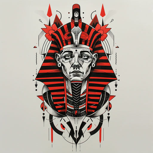 Dynamic flat tattoo sketch of a pharaoh with a dramatic red and black color scheme