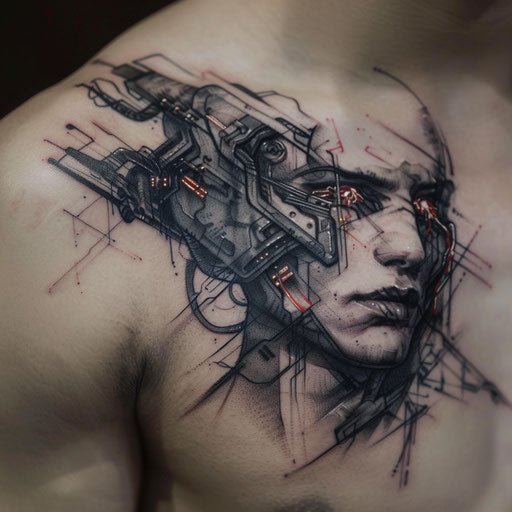 Sci-fi collarbone tattoo with cybernetic elements