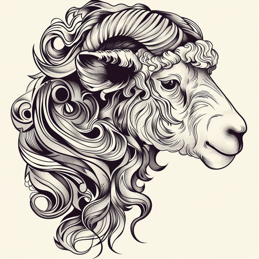 Art nouveau inspired black sheep tattoo, flowing natural lines