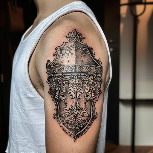 Detailed medieval armor armband tattoo, Adrian Smith style, arm