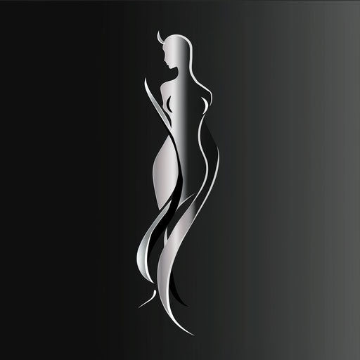 Store emblem with abstract figure and silver backdrop