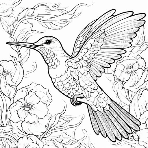 Detailed humming bird art for kids coloring picture, in the style of modernist lines, natural