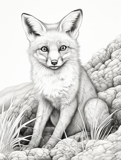 Coloring page of a small fox, in the style of aquirax uno, joe jusko, wet-on-wet blending, richard friese, ue5 3:4